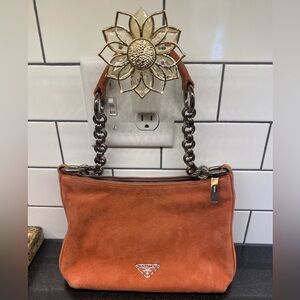 Prada suede shoulder purse with chunky heavy chain